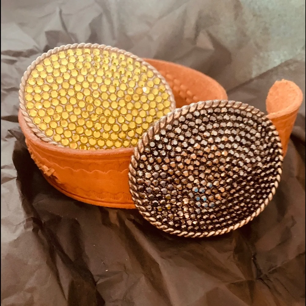 Women’s Crystal Oval Buckle Leather Belt in Orange